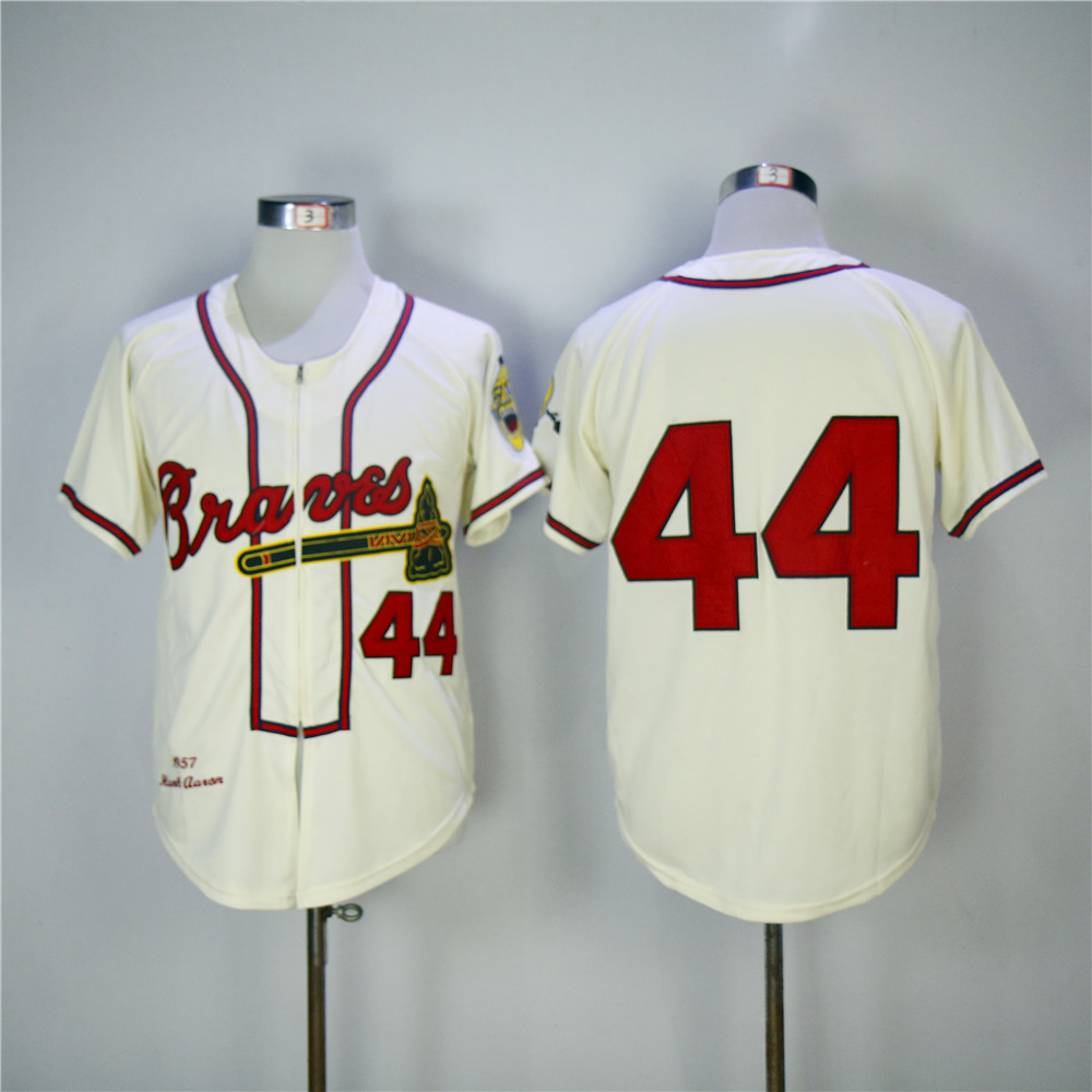 Men Atlanta Braves #44 Aaron Cream Throwback 1957 MLB Jerseys->atlanta braves->MLB Jersey
